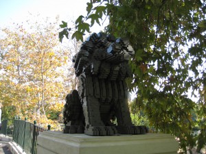 <i>Lion sculpture on the entrance to the bridge leading to Legotown, U.S.A. (at the Legoland in San Diego County.)</i>